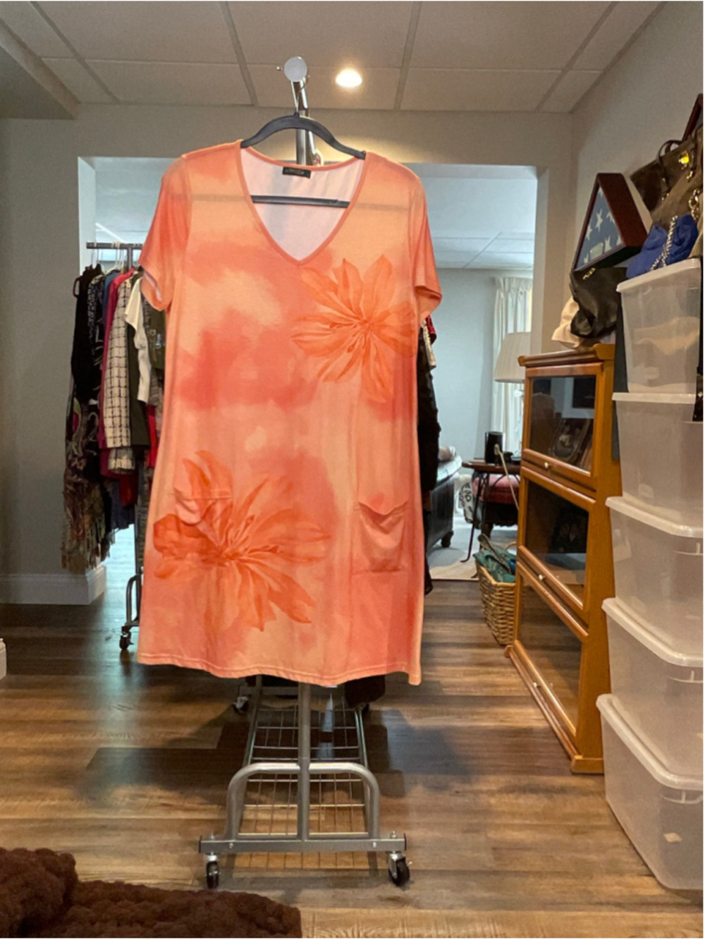 Women's Ofeefan Coral Orange Floral Print Shift Dress L